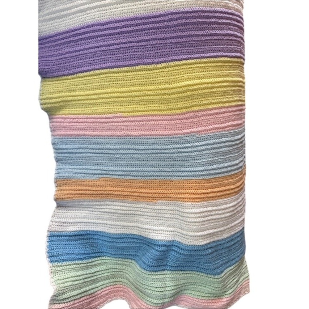 Vintage Handmade Crochet Baby Blanket Pastel Multicolor Striped Unisex 65"x56"